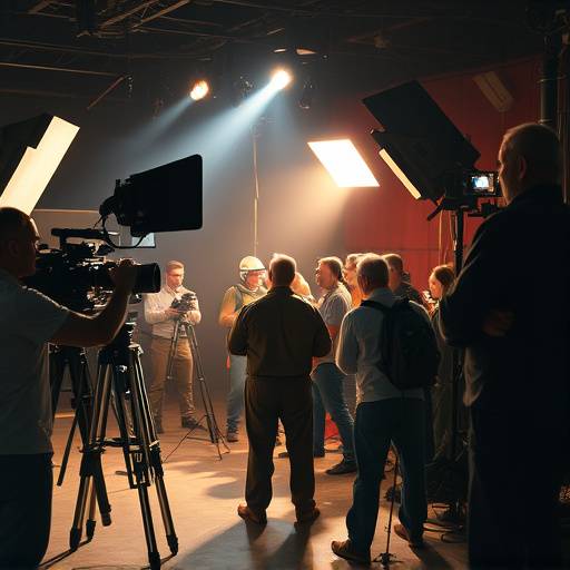 A bustling film set with crew members and actors, showcasing the dynamic environment of filmmaking.