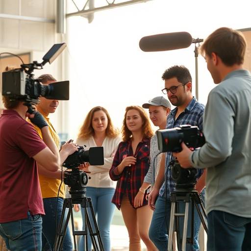 A diverse film crew setting up a scene, capturing the collaborative spirit of Vanguard Directing Academy.